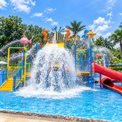 Popular Water Park Themed Fish Splash Bucket Water Playground With Multi Slide Decks For Kids